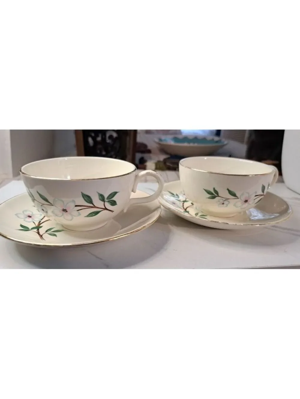 Vintage Set of 2 Homer Laughlin Rhythm Dogwood Gold Trimmed Cups and Saucers
